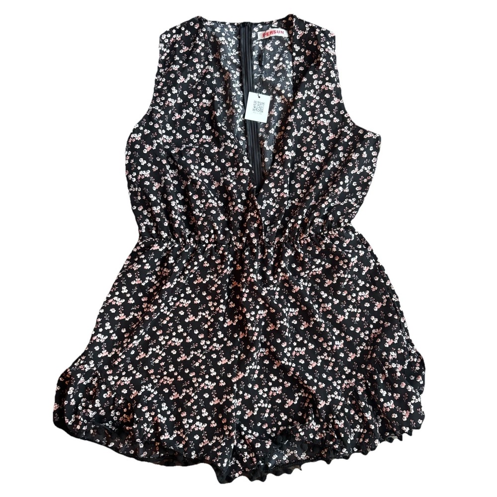 Persun Romper Shorts Black Floral Pink Faux Wrap Sleevless Elastic Waist XL New